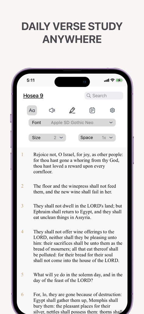 A mobile interface of The: Bible App showing scripture text from Hosea 9 with customizable font settings.
