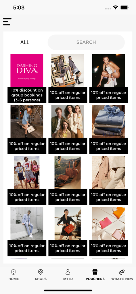 My SSI Life - The vouchers screen of the My SSI Life app showing various ten percent discount offers for luxury brands.