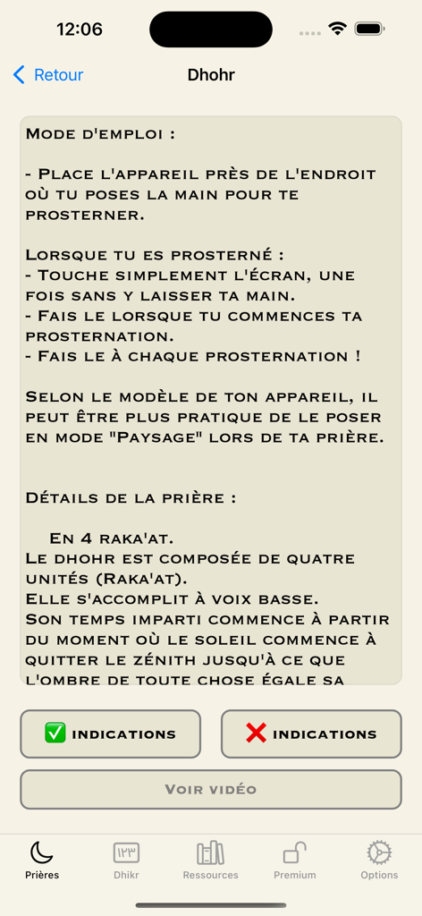 Instruction screen for Dhohr prayer with prostration counter settings in French