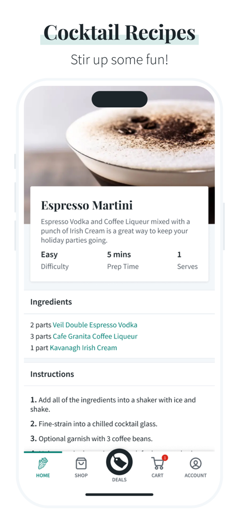 Total Wine & More - Total Wineアプリのインターフェース。エスプレッソマティーニのレシピが表示され、材料と調理手順が含まれます。