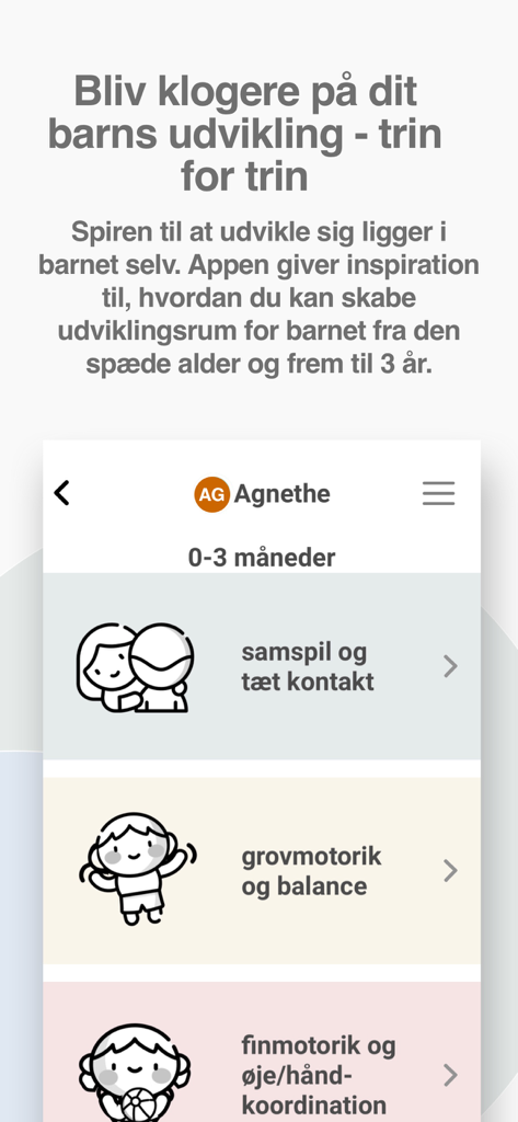 Lille menneske 0-3 år - Pantalla de aplicación móvil que muestra hitos de desarrollo infantil para habilidades motoras e interacción