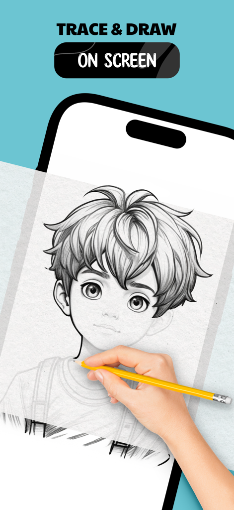 AR Drawing - Sketch - Una mano usando un lápiz amarillo para calcar un boceto de chico anime directamente en la pantalla de un smartphone usando la aplicación AR Drawing