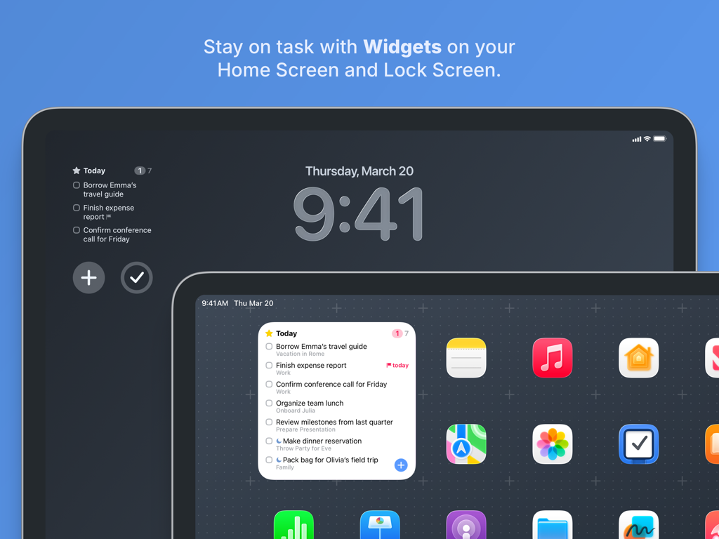 Things 3 pour iPad affiche des widgets de tâches sur l'écran de verrouillage et l'écran d'accueil.