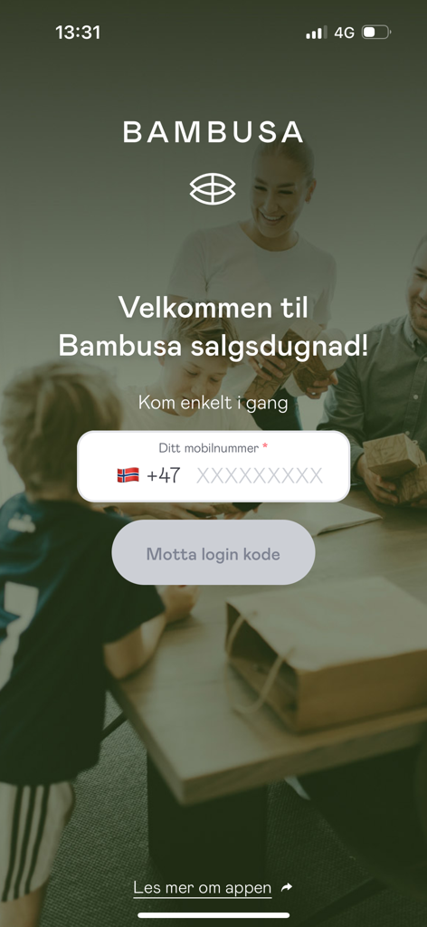 Bambusa - Bambusa app welcome and login screen with mobile number input for starting a digital fundraiser.