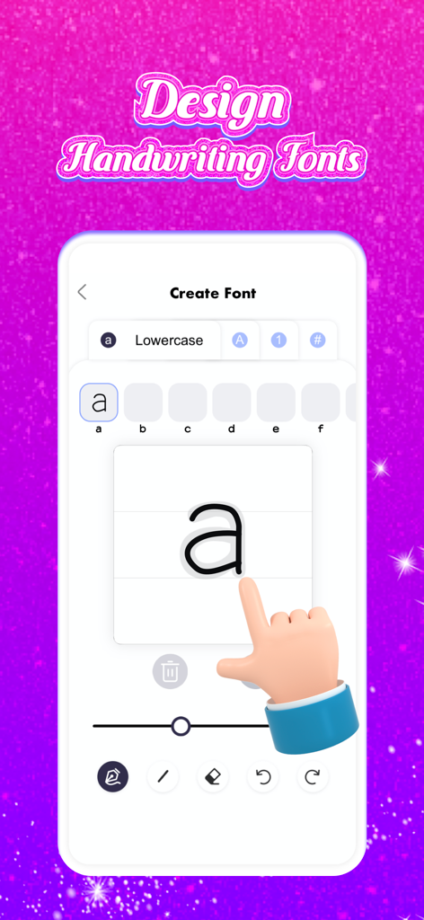 Um usuário desenhando uma letra minúscula 'a' personalizada para criar uma fonte manuscrita personalizada no aplicativo V Keyboard
