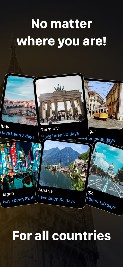 Voygo - Country Days Tracker - Interface of the Voygo app showing the number of days tracked for countries like Italy, Germany, and Japan