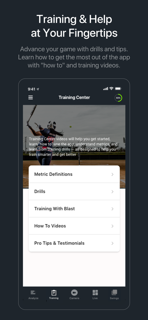 Pantalla del Centro de Entrenamiento en la aplicación Blast Softball con ejercicios y consejos