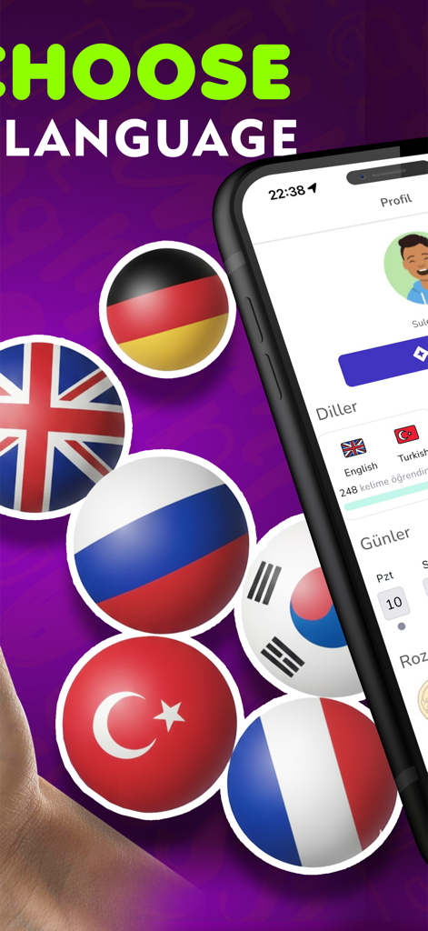 Learn Words Daily on Widget - A hand holding a smartphone showing the language selection screen of the Linguwa app surrounded by colorful flag icons