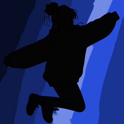 realistic girl jumping with a bun and oversized sweatshirt