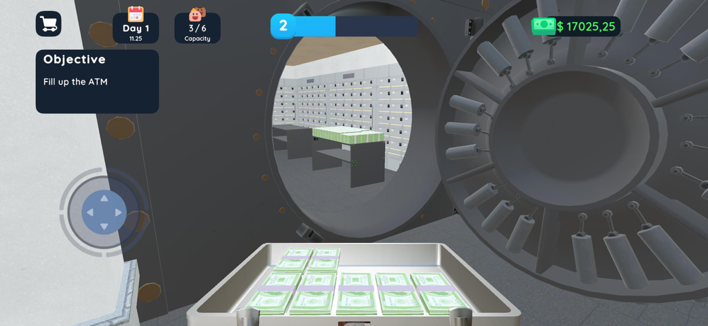 Visão em primeira pessoa de um cofre de banco aberto com pilhas de dinheiro em Bank Manager Simulator 3D