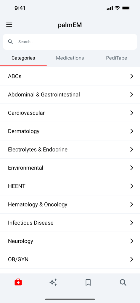 palmEM AI: EM Quick Reference - Clinical categories menu in the palmEM AI emergency medicine app.