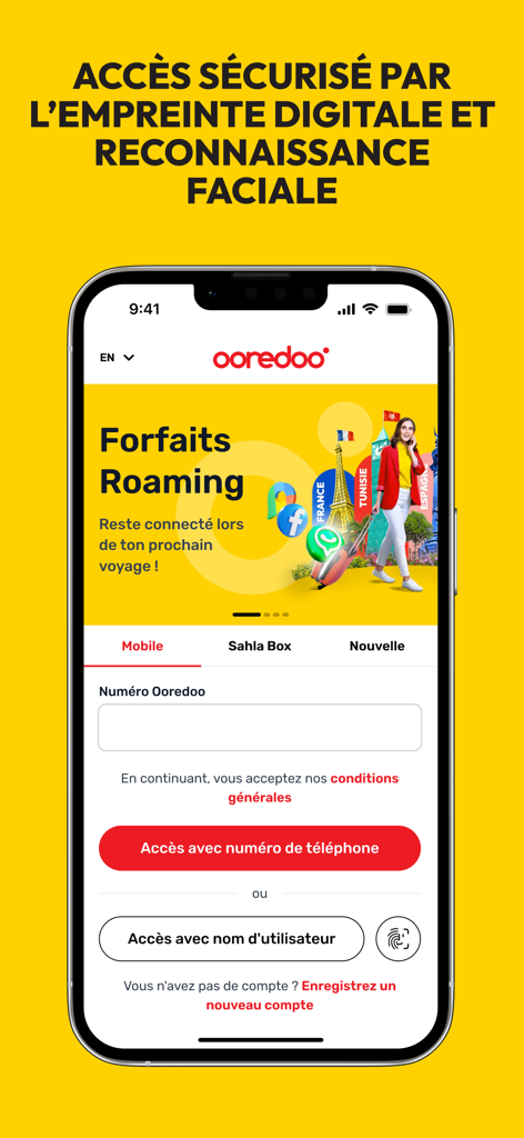 My Ooredoo Algeria app login interface showing secure biometric access and roaming plan options
