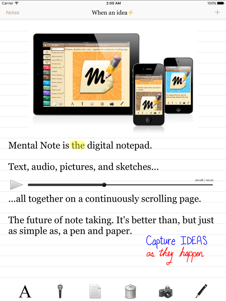 Oberfläche der Mental Note für iPad App mit Text, Audioaufnahmen und handgezeichneten Skizzen auf einem digitalen Notizblock.