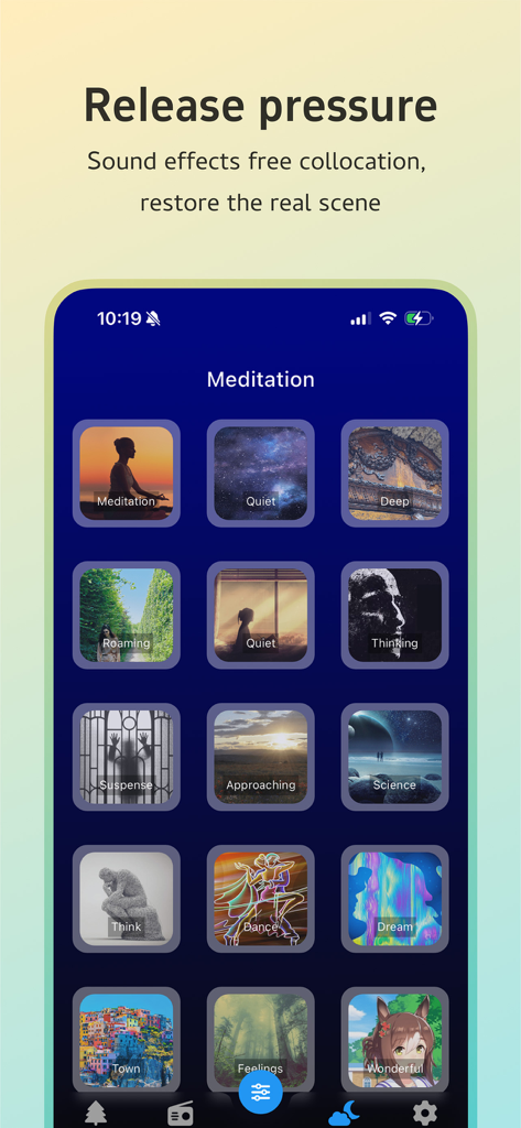 Pantalla de selección de sonidos de meditación en la aplicación Light Sleep que muestra varias categorías de sonidos ambientales.
