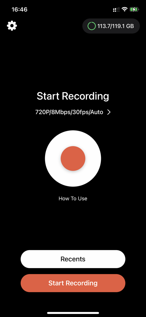 Screen Recorder + Capturer - Interfaz principal de la aplicación Grabadora de Pantalla con un gran botón rojo de grabación y configuraciones de 720p