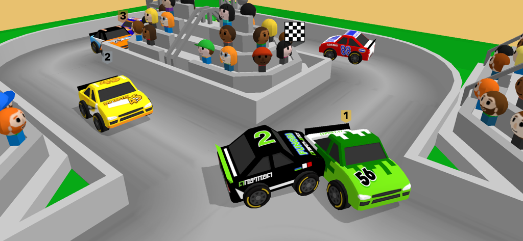 Colorful toy cars racing on a curved track past spectators in grandstands