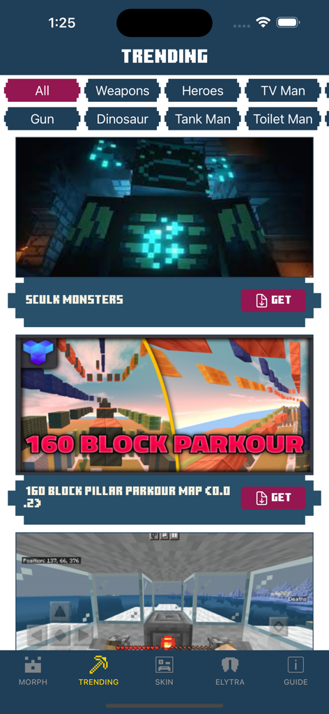 MCPE MORPH MODS FOR MINECRAFT - Trending Minecraft addons menu showing monsters and parkour maps