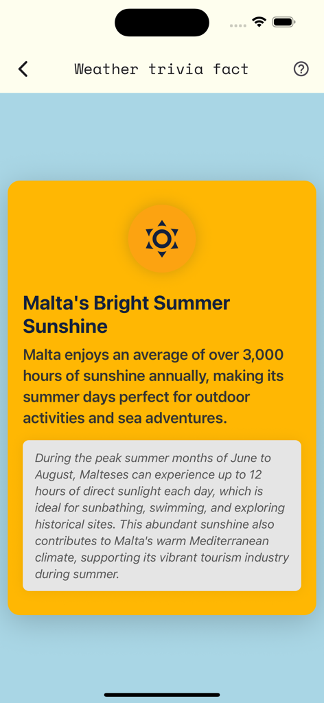 Weather Malta - Una pantalla de la aplicación El Tiempo Malta que muestra un dato curioso sobre las 3000 horas de sol anuales en Malta.