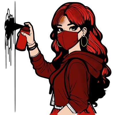 realistic girl with mask spray painting a wall