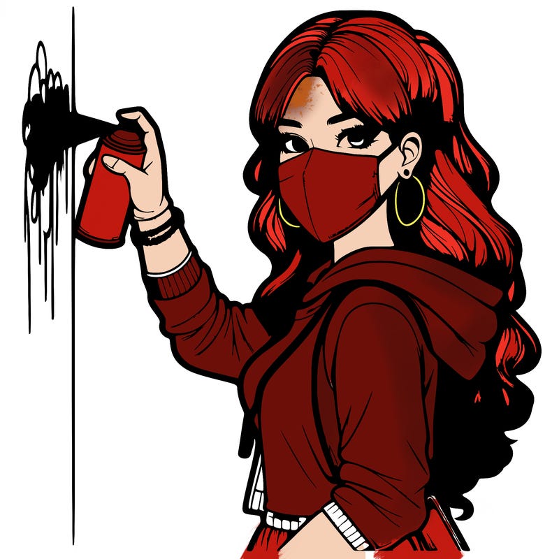 realistic girl with mask spray painting a wall