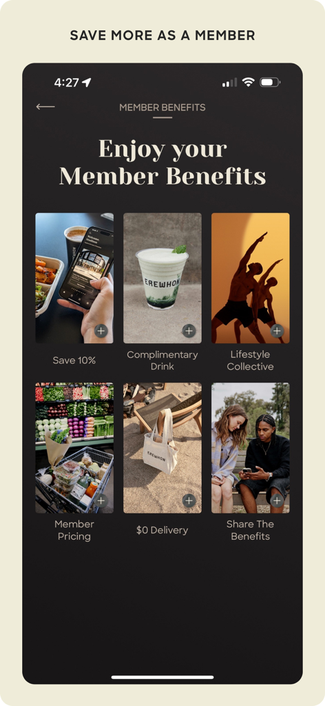 Erewhon - Capture d'écran de l'écran des avantages membres de l'application Erewhon montrant des récompenses exclusives comme des réductions et la livraison gratuite.