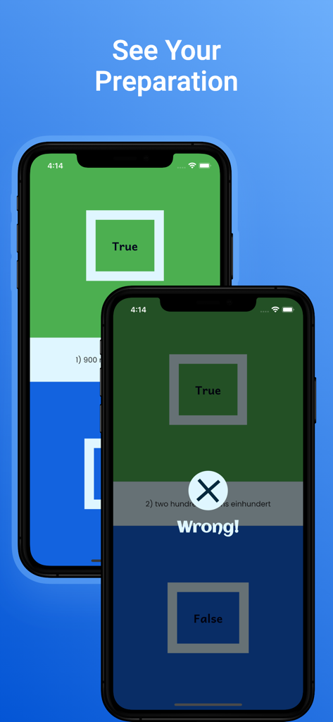 German language learning app quiz interface showing true or false preparation questions with feedback