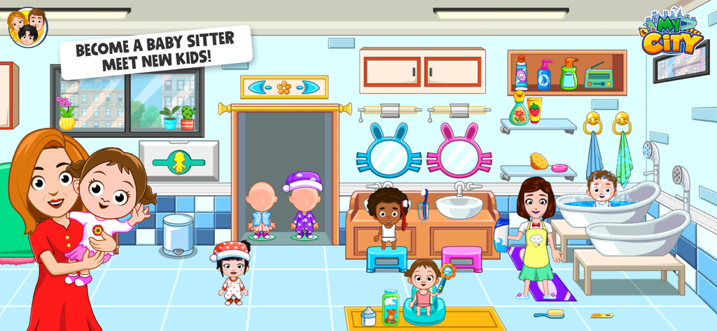 My City : Babysitter - Kids roleplaying in a daycare bathroom with a babysitter in the My City Babysitter app