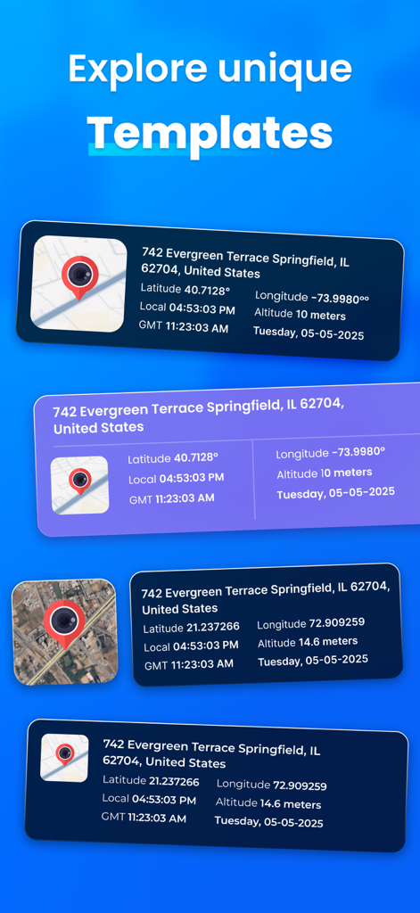 GPS Map Camera – Time Stamp - Una variedad de plantillas personalizables de ubicación GPS y marcas de tiempo para la documentación de fotos que incluyen coordenadas de mapa y direcciones de la calle.