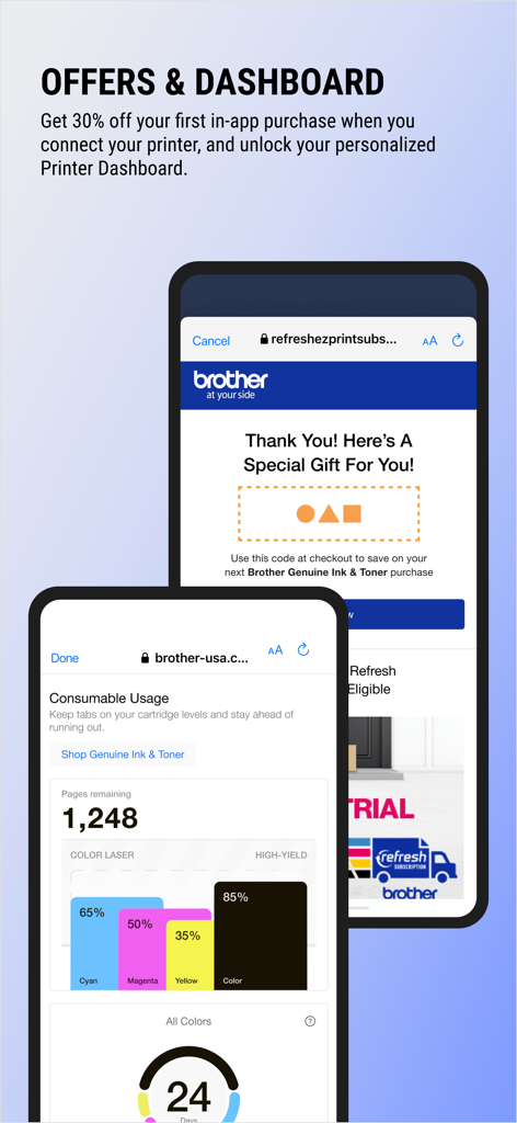 Brother Mobile Connect app interface showing ink level monitoring and special offers for genuine toner