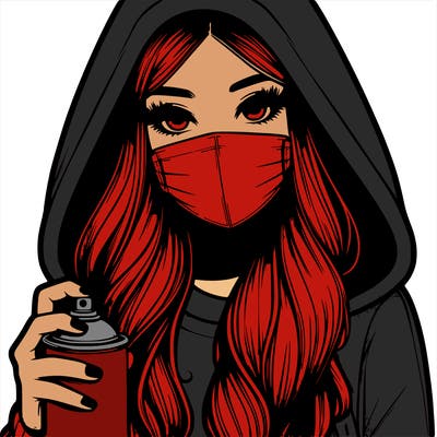 girl wearing a mask with long hair with her hood up spray-painting realistic