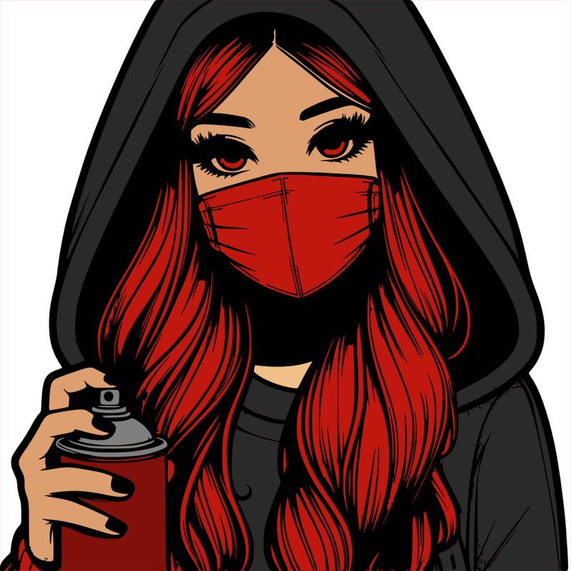 girl wearing a mask with long hair with her hood up spray-painting realistic