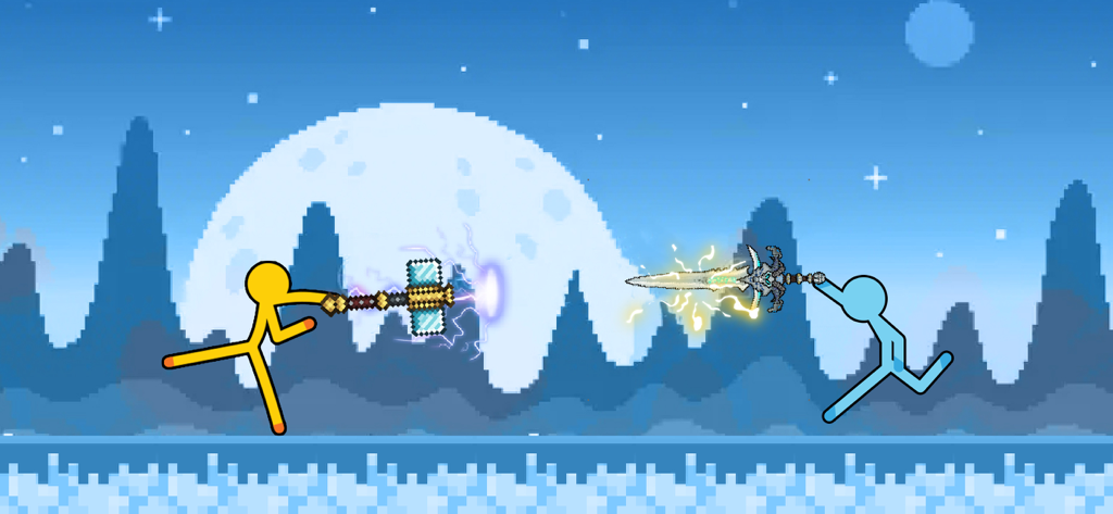 Supreme Stickman Craft Fight - Two stickman warriors fighting with glowing weapons in a pixelated craft world