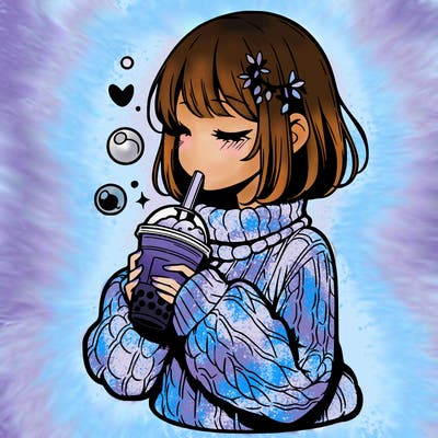 manga girl drinking boba in cozy sweater