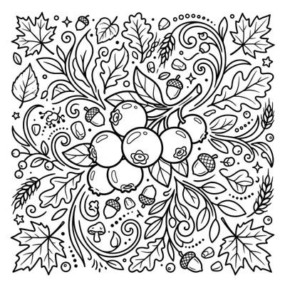 Dive into the heart of autumn with this beautiful coloring page featuring plump blueberries nestled among fall leaves and harvest delights. A perfect blend of natural beauty and seasonal charm awaits your creative touch.