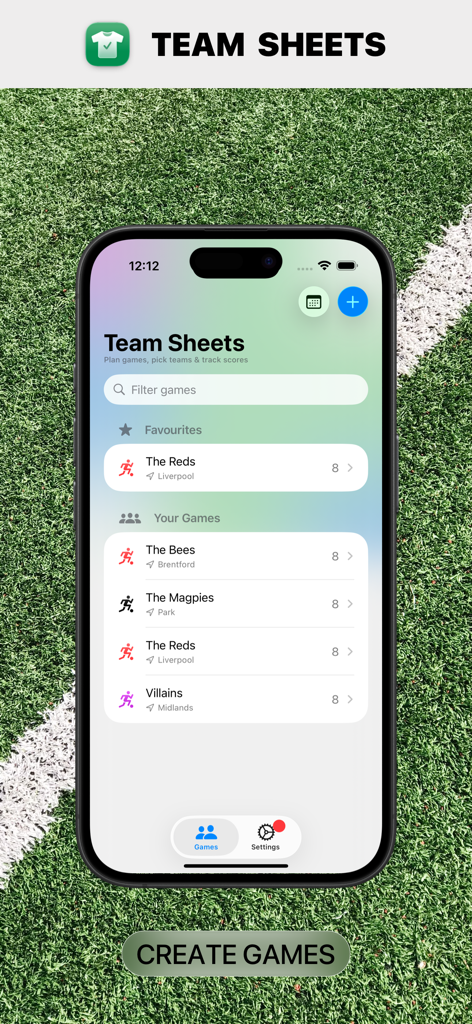Team Sheets - The main dashboard of the Team Sheets app on an iPhone showing a list of organized sports games like The Reds and The Bees on a grass background.