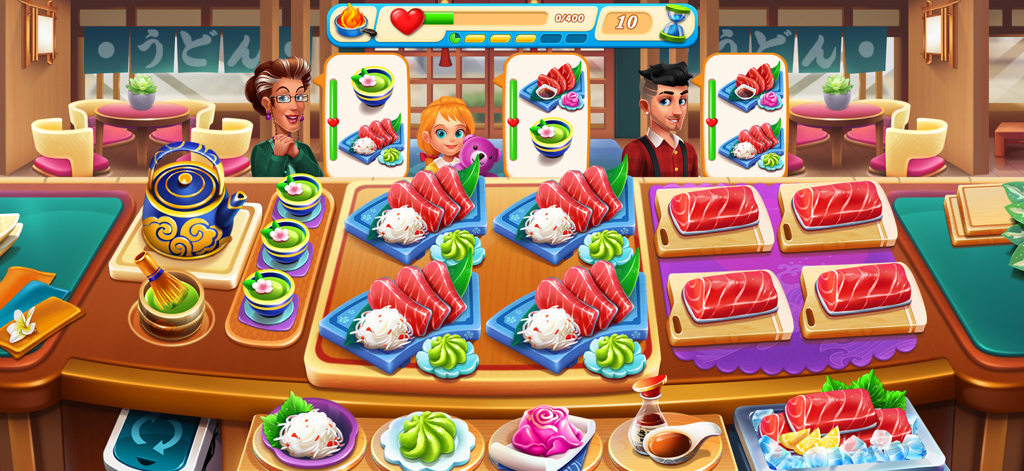 Cooking Love - Restaurant Chef - Gameplay screen of Cooking Love showing a chef preparing sushi and sashimi in a Japanese restaurant.
