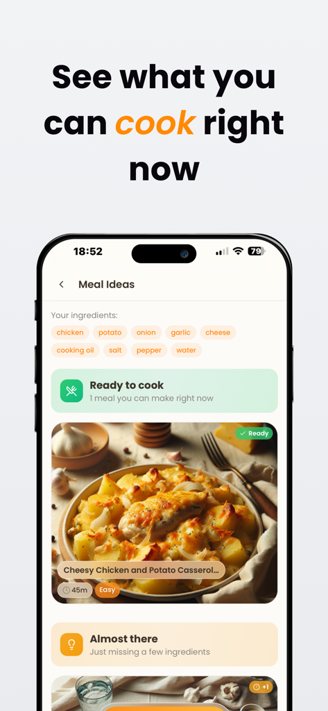 Compy: Smart Kitchen Companion - Interfaccia dell'app Compy che mostra suggerimenti di ricette basati sugli ingredienti attuali della cucina