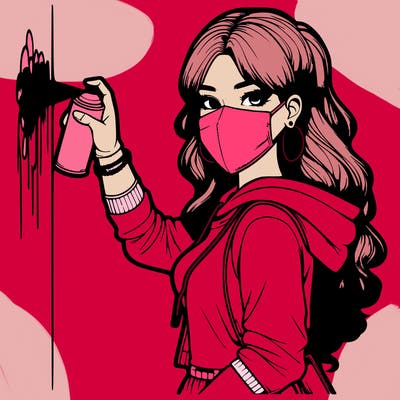 realistic girl with mask spray painting a wall