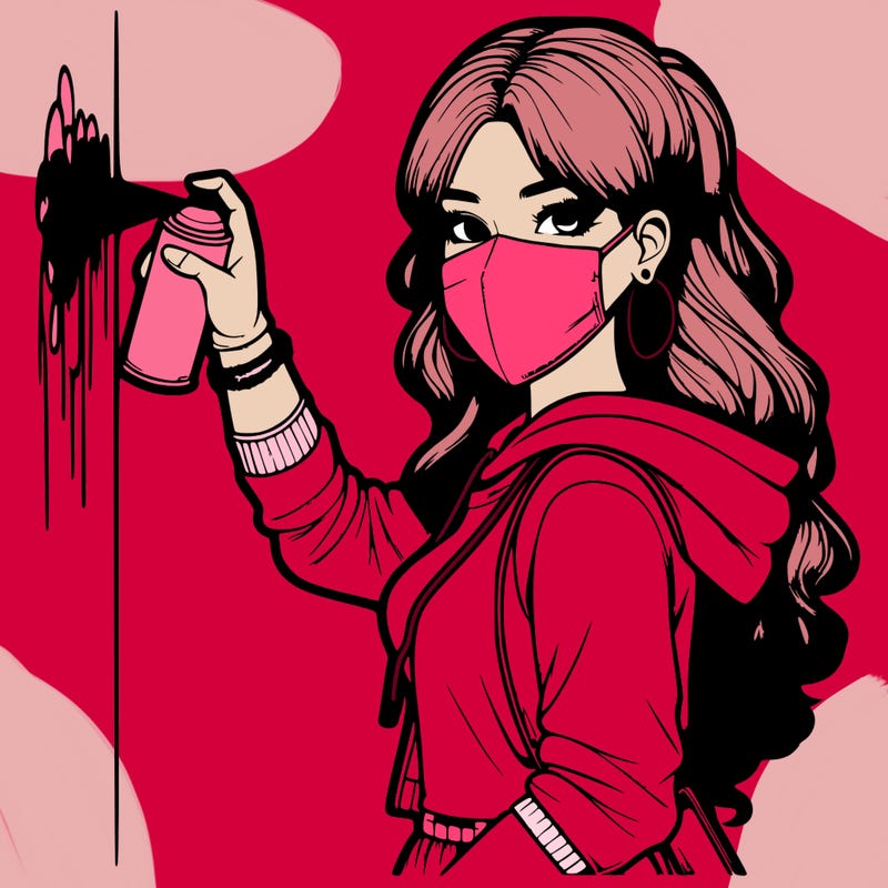 realistic girl with mask spray painting a wall