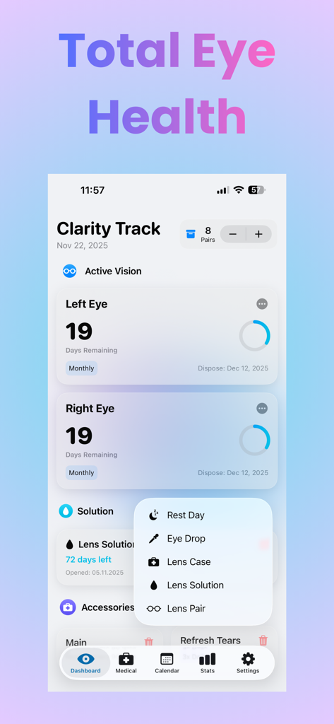 Clarity Track - Panel de la aplicación Clarity Track que muestra el seguimiento de lentes de contacto y las funciones de gestión de la salud ocular
