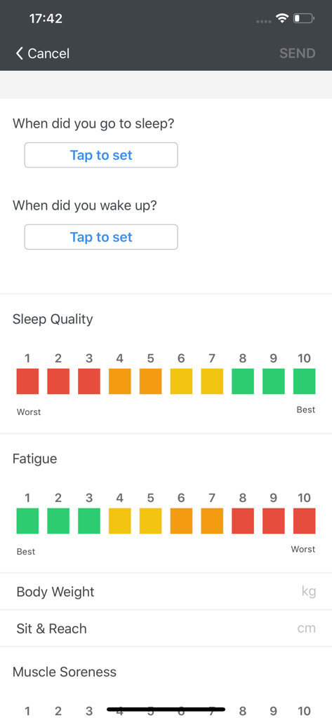 Kitman Labs Kiosk - Athlete wellness monitoring interface showing sleep quality fatigue and body metric inputs