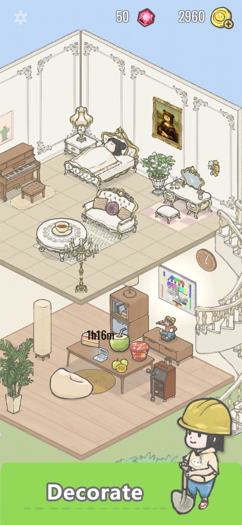 Tuana - A screenshot of the Tuana app showing a decorated two-story virtual house with various furniture styles.