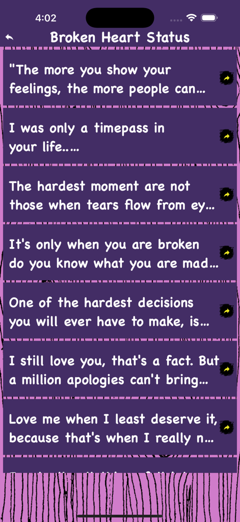 Funny Status Quotes Collection - A list of sad and emotional quotes under the Broken Heart Status category in the mobile app.