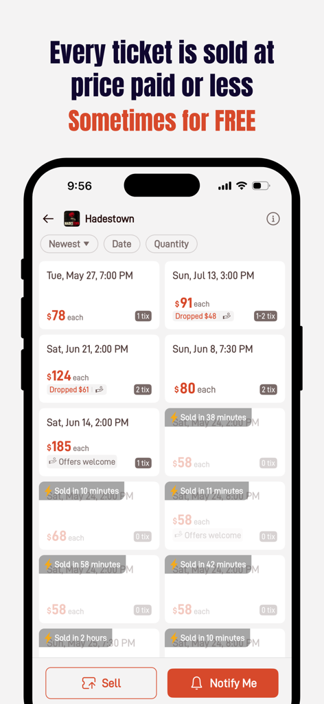 Mobile app screen showing theater ticket listings for Hadestown at fair value prices