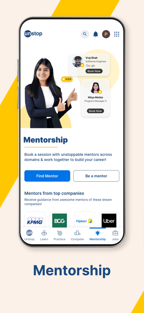 Unstop - Mentorship screen on the Unstop app showing profiles of career mentors from top companies like Google and BCG