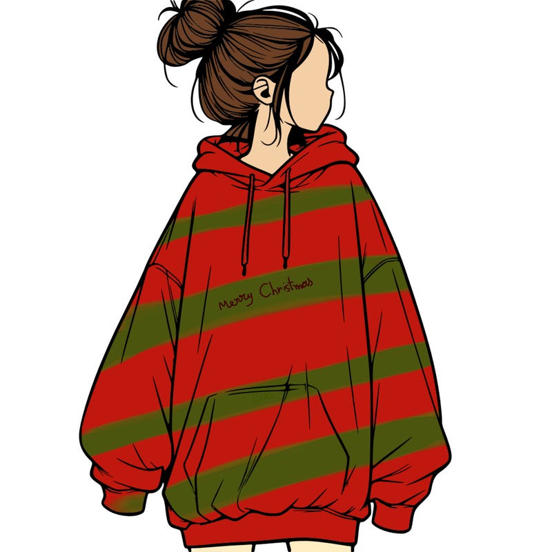 realistic girl with a oversized sweatshirt on and a bun