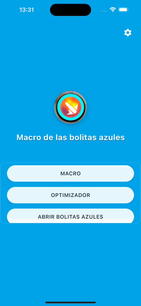 Pantalla de inicio de la aplicación Macro de las Bolitas Azules con botones para la optimización de macros y rendimiento