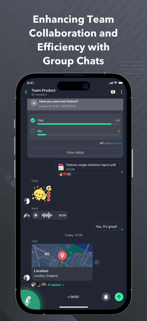 Signet - Signet app group chat interface showing a poll and document sharing for team collaboration