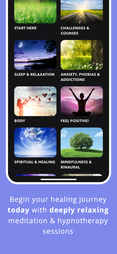 Ultimate Hypnosis, Meditation - Interface of the Ultimate Hypnosis and Meditation app showing session categories like Sleep, Anxiety, and Mindfulness