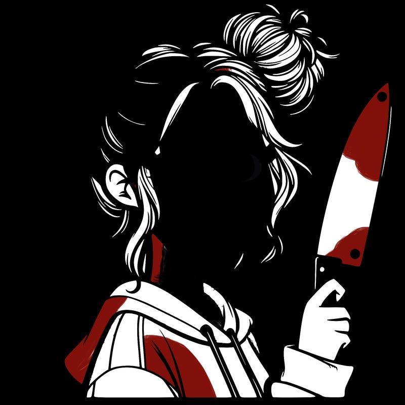 girl with messy buns holding a sharp plastic knife realistic